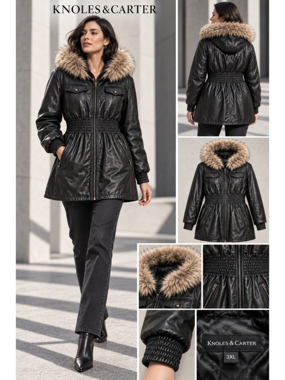 Knoles & Carter Black Genuine Leather Fur Trim Hooded Coat 3XL